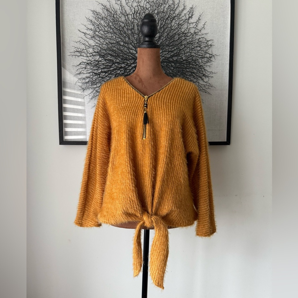 Frank Lyman Women’s Mustard Tie-Front V-Neck Sweater with Tassel Zip